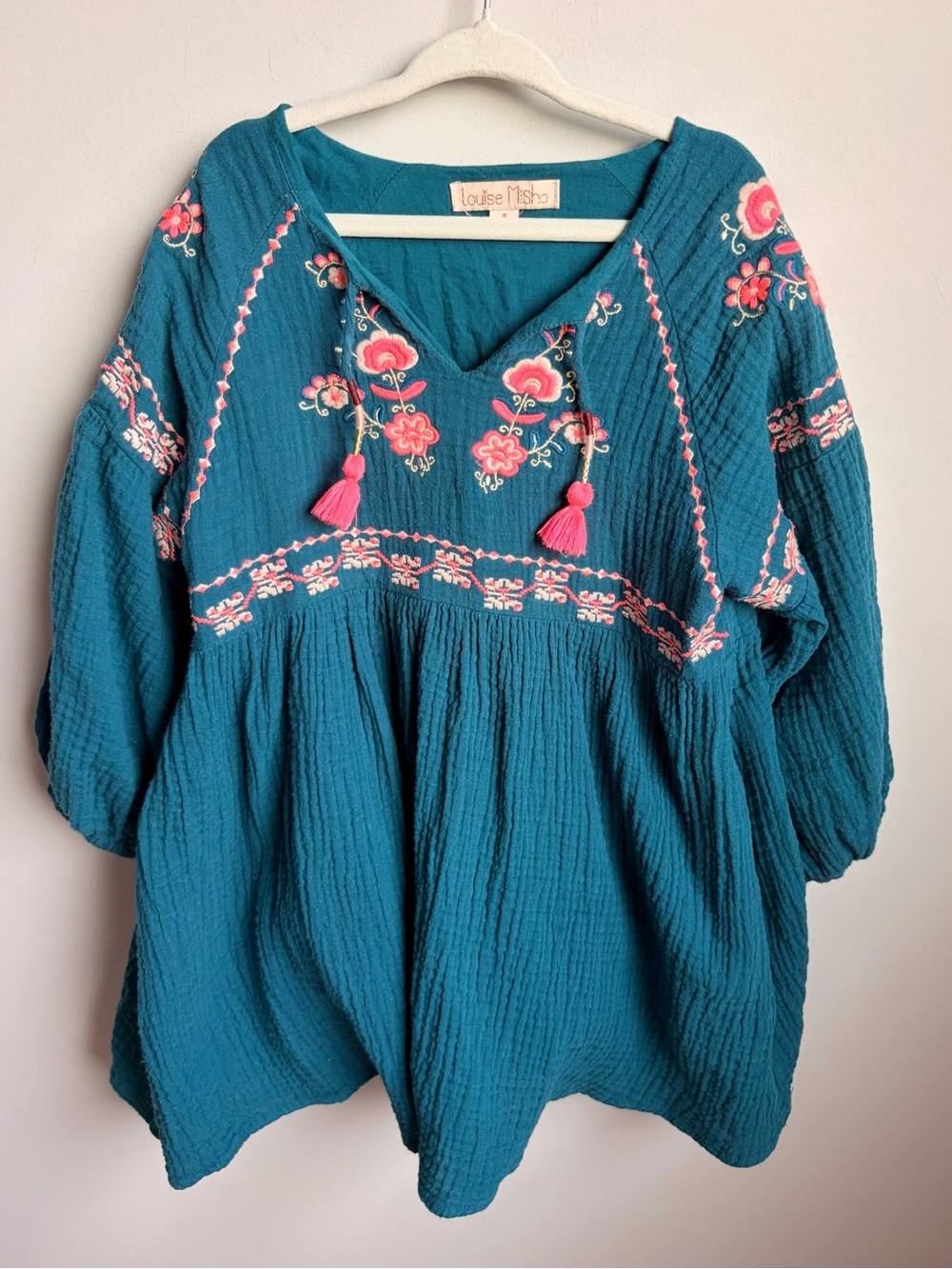 Louise Misha Teal Embroidered Peasant Top with Pink Accents